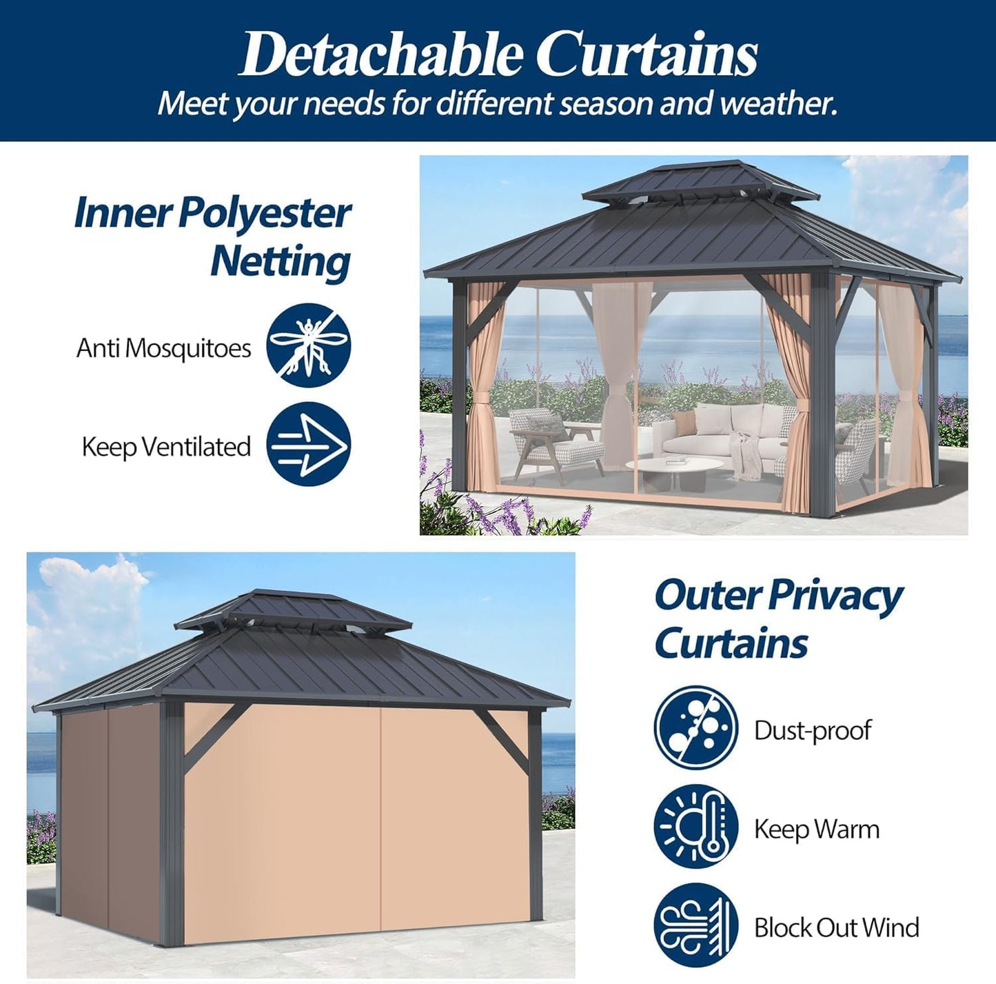 COVERONICS 10' x 12' Outdoor Galvanized Hardtop Gazebo - Aluminum Heavy-Duty Double Roof Vented Gazebo with Breathable Netting & Privacy Curtains for Patio, Porch, Garden, Lawn
