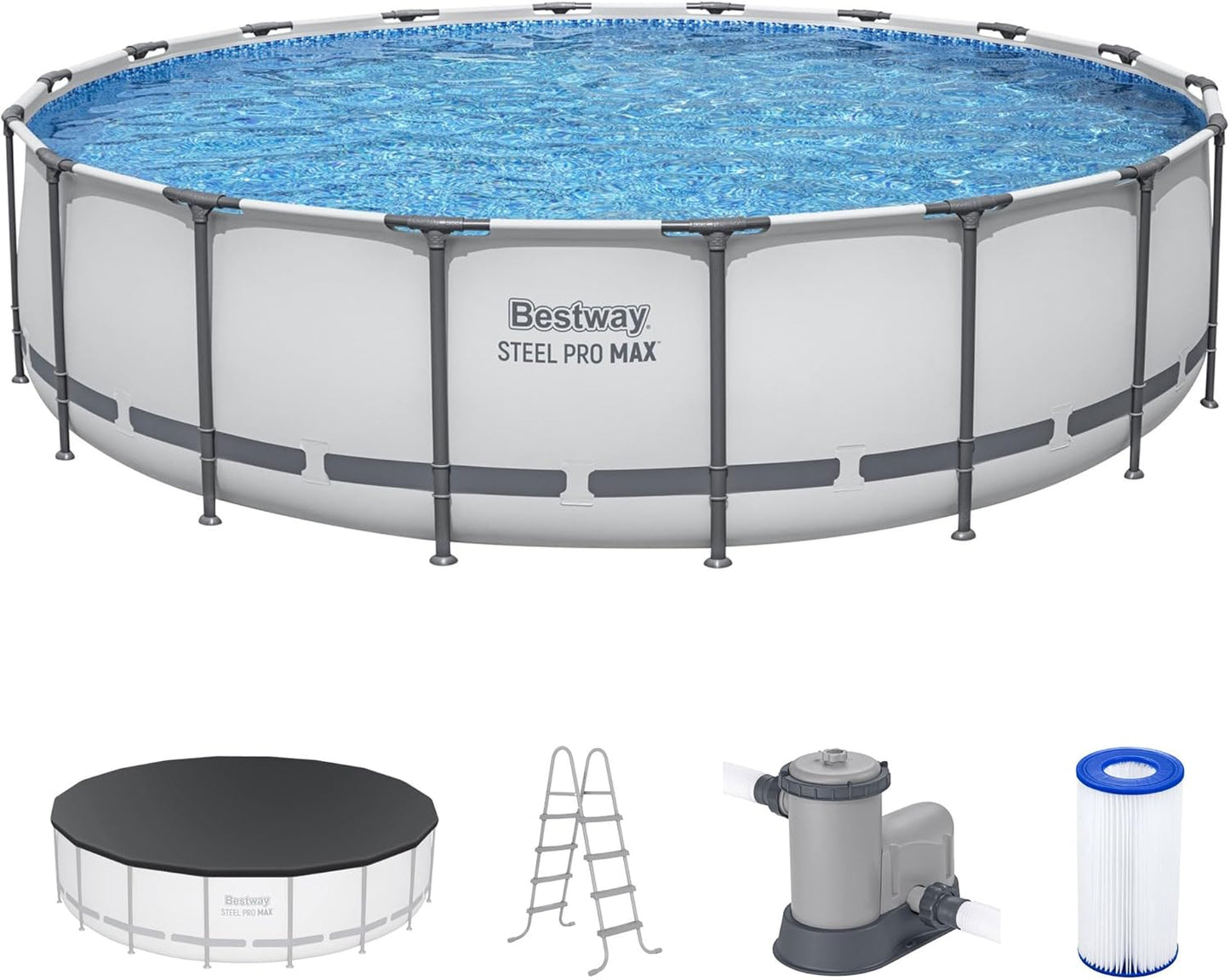 Bestway Steel Pro MAX 15" x 42" Round Above Ground Swimming Pool Set Outdooor Metal Frame Family Pool with Filter Pump, Ladder, and Cover