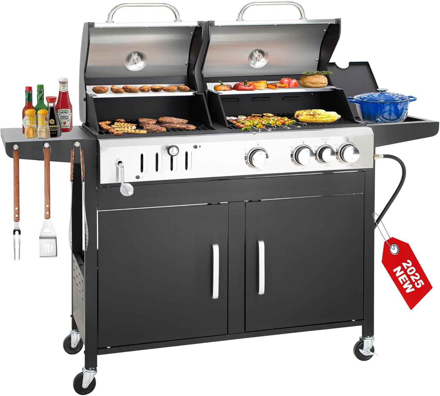 2 in 1 Propane Gas BBQ Grill with Side Burner & Porcelain-Enameled Cast Iron Grate, 4-Burner Flat Top Griddle, 46,700 BTU Outdoor Barbecue Propane Griddle Grill Combo for Camping, Patio, Backyard