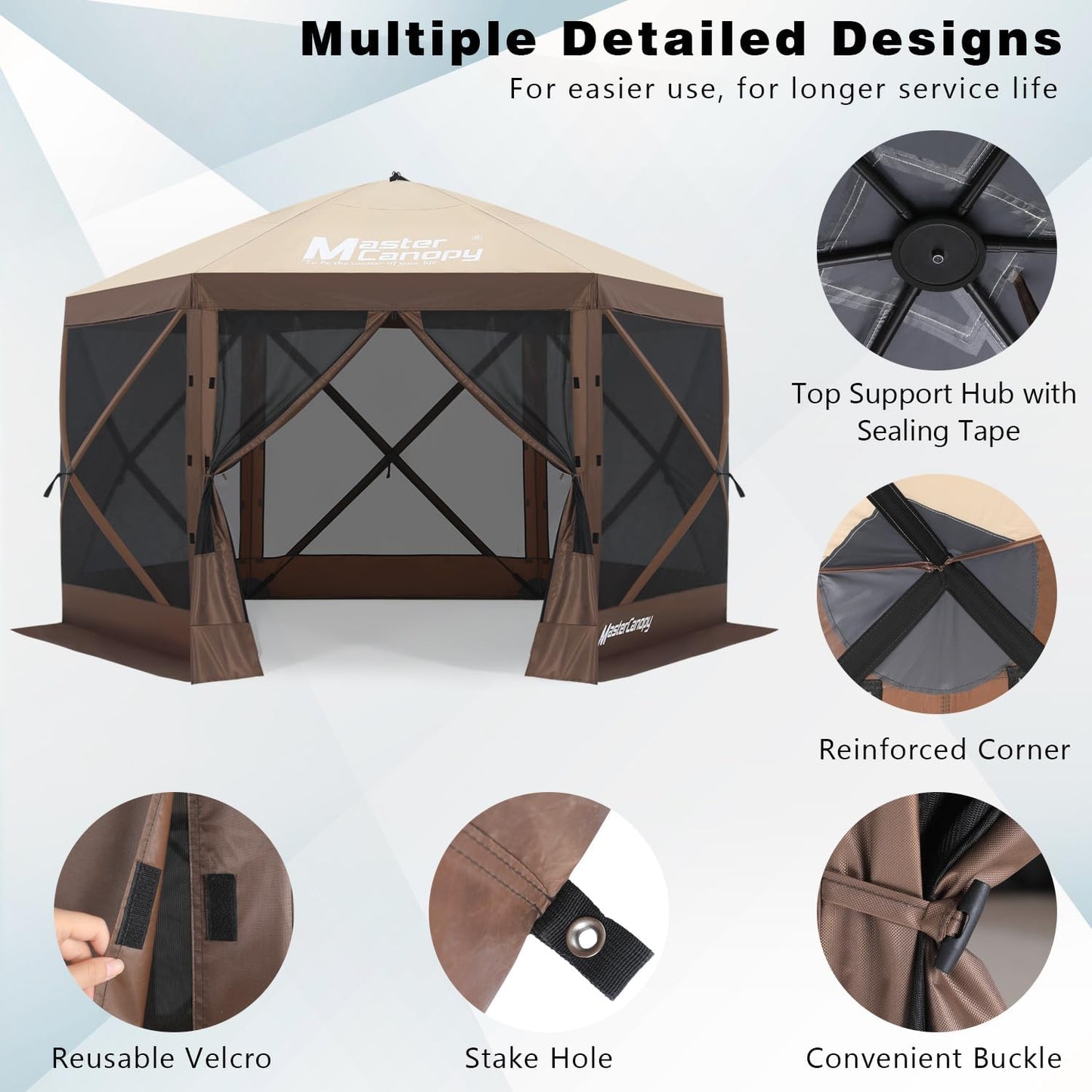 MASTERCANOPY 10x10FT Pop Up Gazebo Screen Tent - Instant Screen House with Netting, Quick Set, Outdoor Canopy Shelter with Carry Bag for Camping, Backyard & Patio (Beige&Coffee)