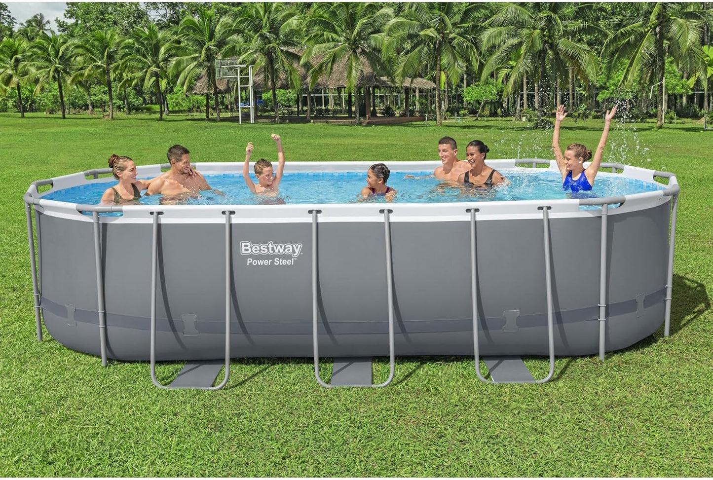 Bestway Power Steel 18' x 9' x 48" Oval Metal Frame Above Ground Outdoor Backyard Swimming Pool Set with 1500 GPH Filter Pump, Ladder, and Pool Cover