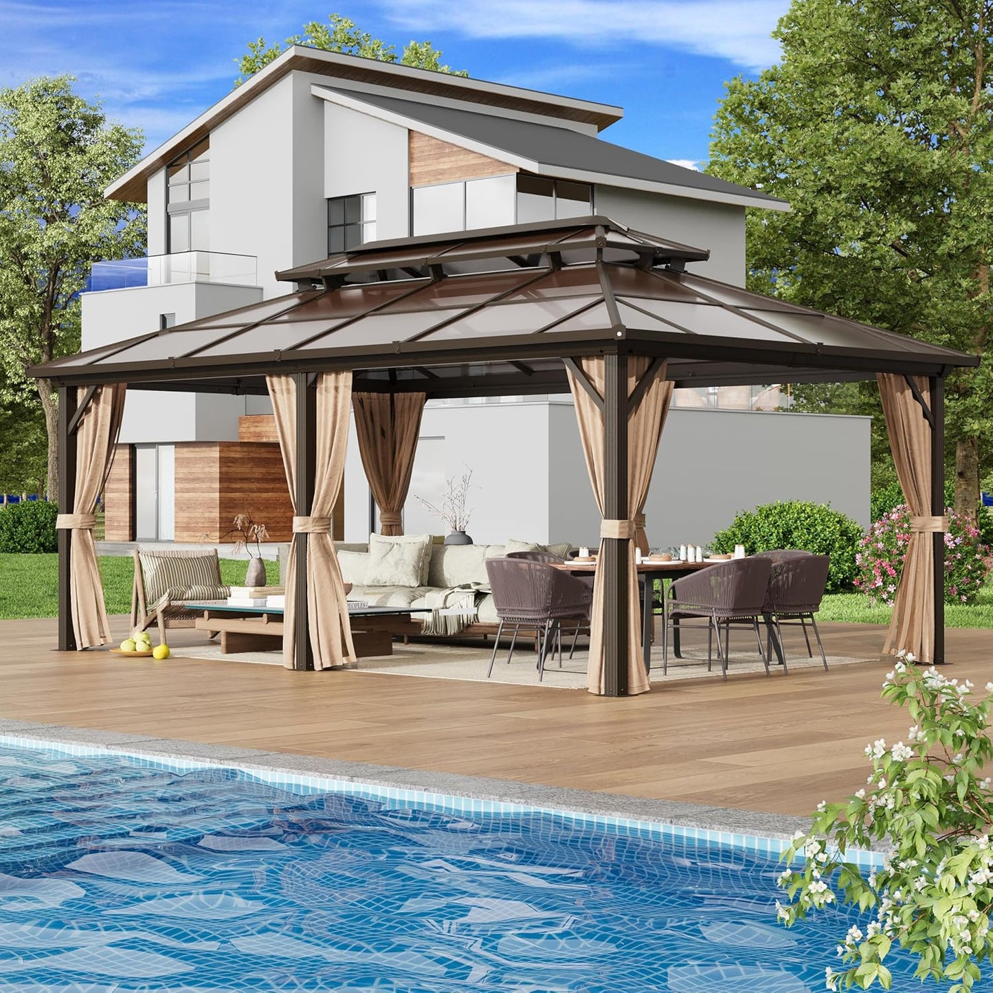 EROMMY 10' x 12' Hardtop Gazebo, Aluminum Frame Gazebos with Galvanized Steel Double Roof, Permanent Outdoor Metal Pavilion with Curtain and Netting for Patio, Lawn, Deck