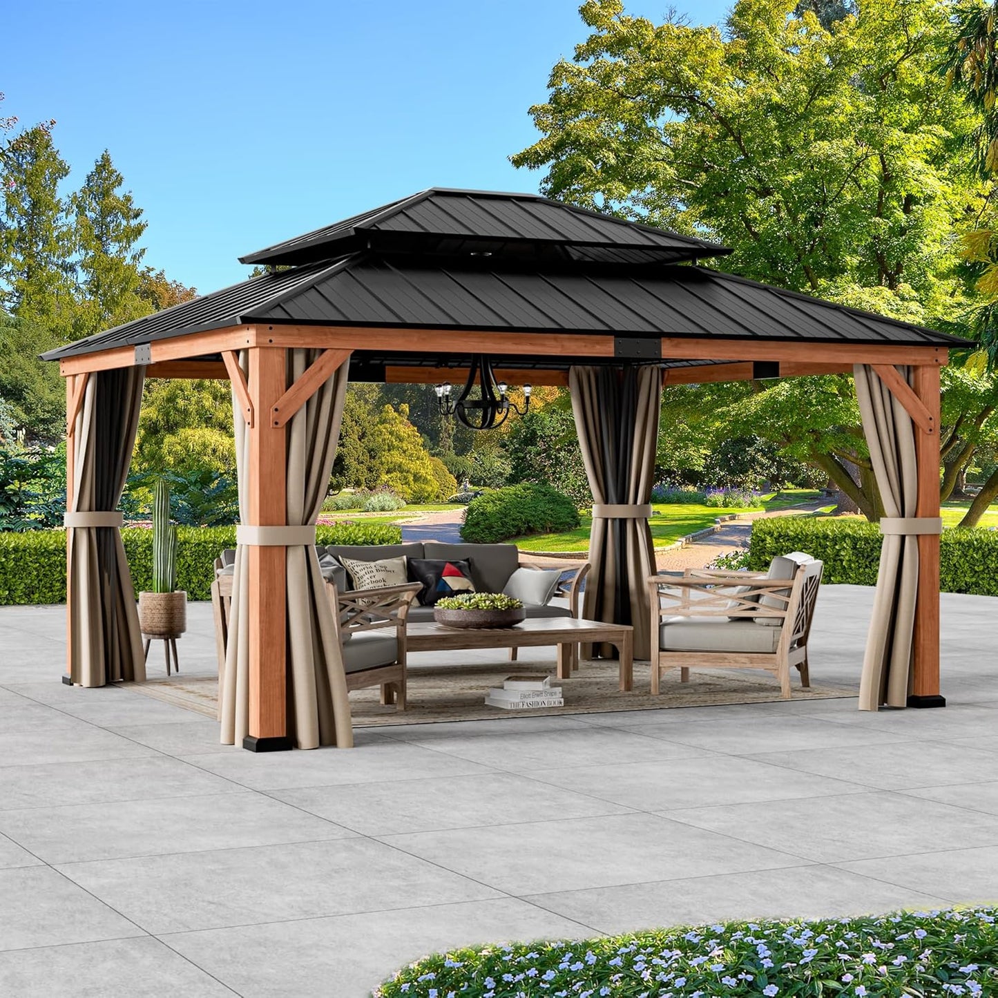 Modern Shade Rosewood Wood Gazebo 10' x 12', Cedar Framed Grill Gazebo with Double Galvanized Steel Roof, Mosquito Netting and Curtains, Permanent Hardtop with Sturdy Hooks for Garden, Backyard, Patio