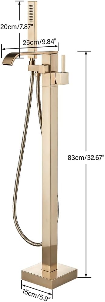 Freestanding Bathtub Faucet Brushed Gold Floor Mount Waterfall Tub Filler High Flow with Hand Shower Solid Brass 360 Degree Swivel Standing Mixer Taps for Bathroom