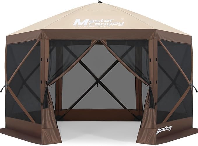 MASTERCANOPY 10x10FT Pop Up Gazebo Screen Tent - Instant Screen House with Netting, Quick Set, Outdoor Canopy Shelter with Carry Bag for Camping, Backyard & Patio (Beige&Coffee)