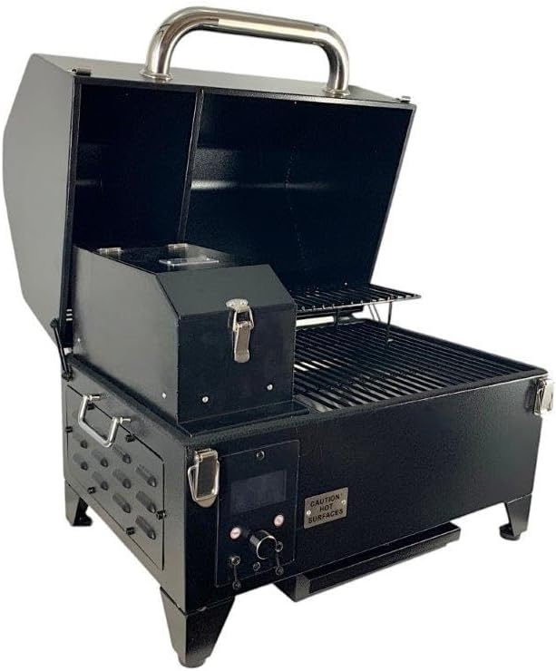 Freedom Stoves Portable Pellet Grill Smoker with Peaked Lid Smoke, Grill, Sear Includes 2 Meat Probes 8.5LB Hopper Capacity & Timer -12vDC / 120AC - BBQ for Camping Tailgating Condos Boating Beach