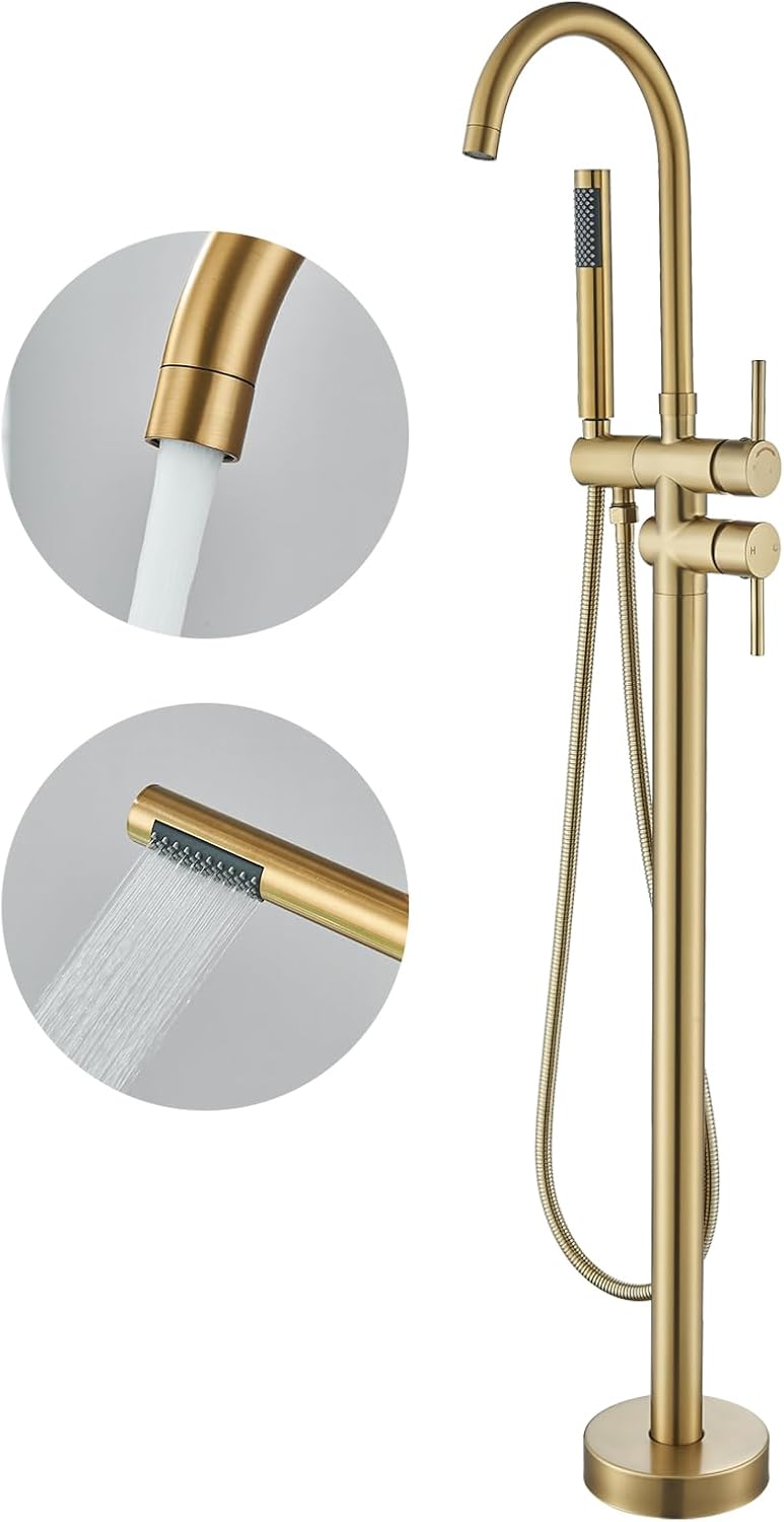 Freestanding Bathtub Faucet Brushed Gold Floor Mount Waterfall Tub Filler High Flow with Hand Shower Solid Brass 360 Degree Swivel Standing Mixer Taps for Bathroom