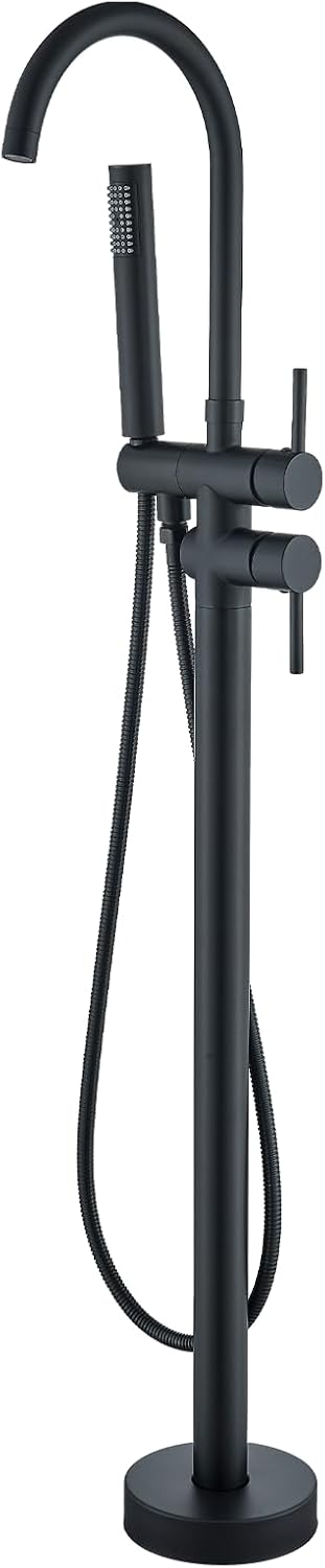 Freestanding Bathtub Faucet Brushed Gold Floor Mount Waterfall Tub Filler High Flow with Hand Shower Solid Brass 360 Degree Swivel Standing Mixer Taps for Bathroom