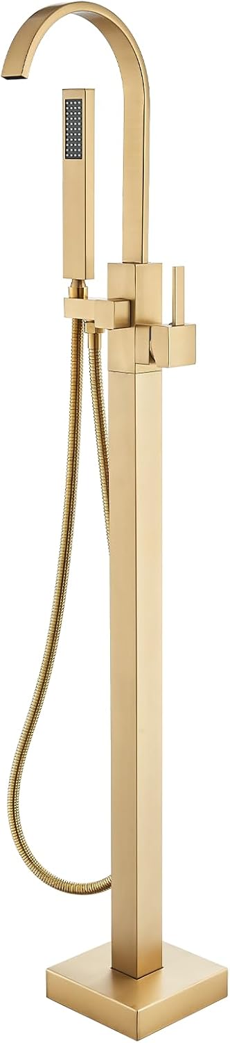 Freestanding Bathtub Faucet Brushed Gold Floor Mount Waterfall Tub Filler High Flow with Hand Shower Solid Brass 360 Degree Swivel Standing Mixer Taps for Bathroom