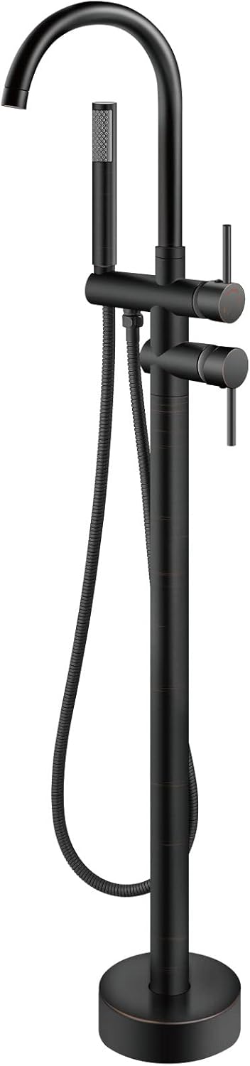 Aolemi Floor Mount Bathtub Faucet Freestanding Tub Filler Standing High Flow Shower Faucets Shower Mixer Taps, Swivel Gooseneck Spout with Cylinder Handheld Matte Black