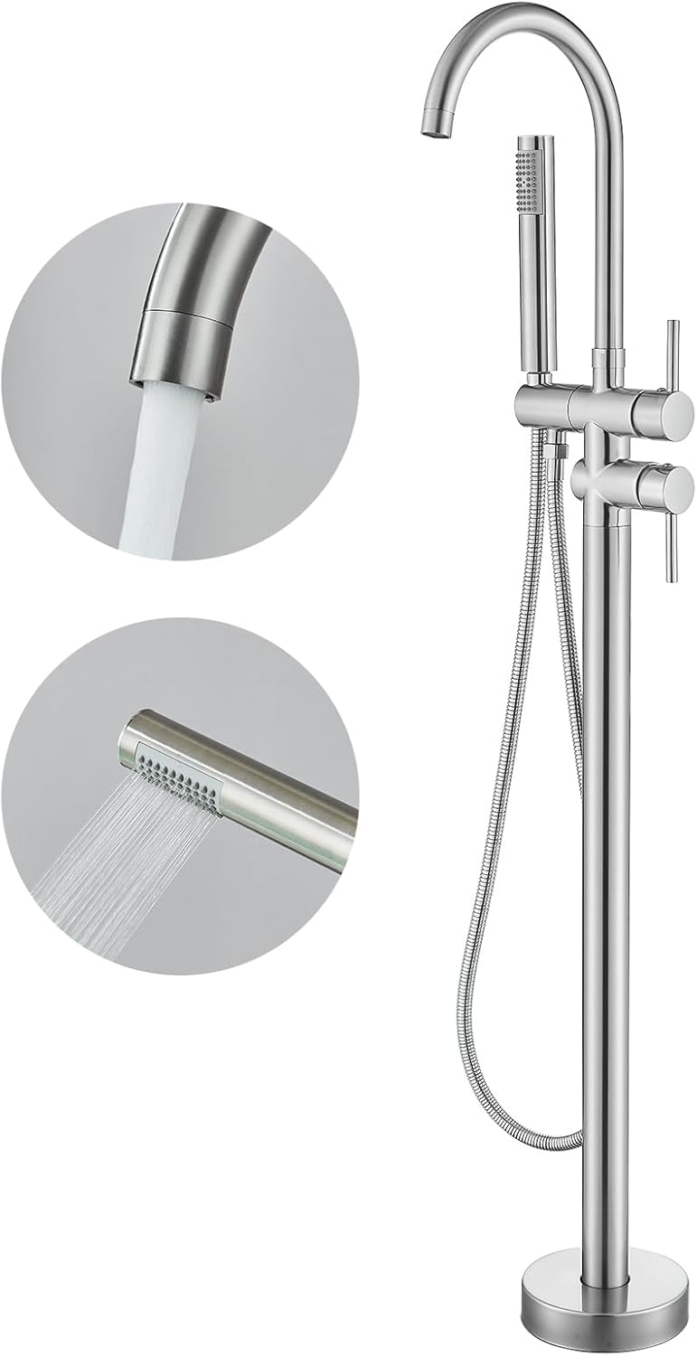 Freestanding Bathtub Faucet Brushed Gold Floor Mount Waterfall Tub Filler High Flow with Hand Shower Solid Brass 360 Degree Swivel Standing Mixer Taps for Bathroom