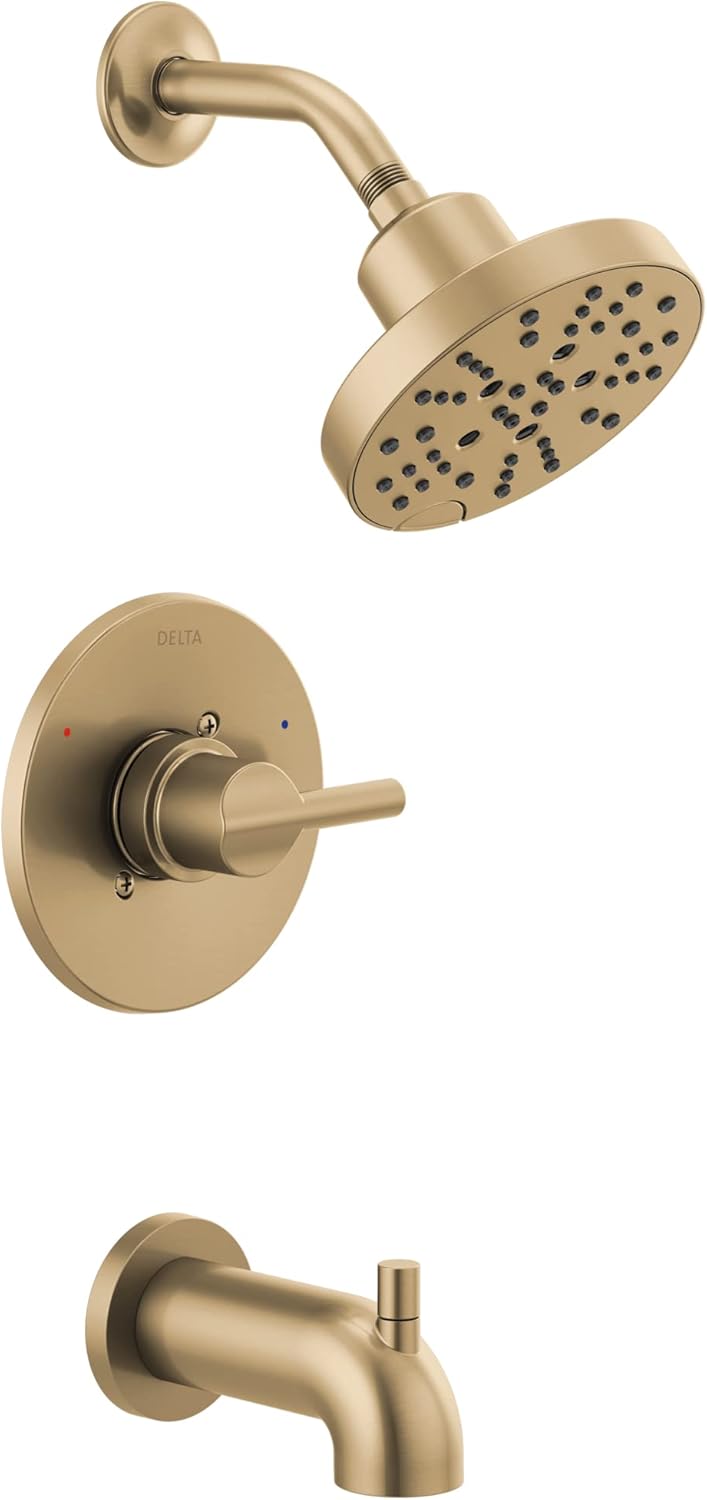 Delta Nicoli 14 Series H2Okinetic Bathtub and Shower Faucet Set, Brushed Gold Shower Head and Handle Set, Valve Trim Kit, Champagne Bronze 144749-CZ (Valve Included)