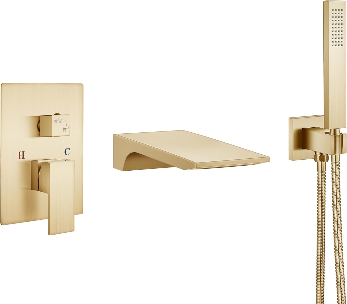 Aolemi Wall Mount Bathtub Faucet,Tub Faucet Set Waterfall Wall Mounted Tub Filler with Handheld Sprayer Single Handle,Matte Black