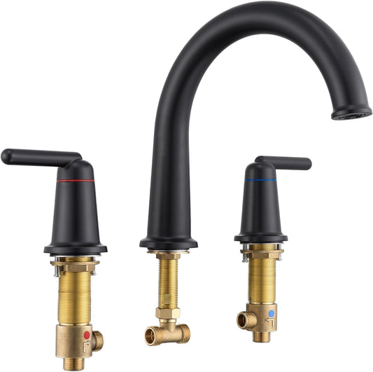 Bathtub Faucet Set 3 Hole, Widespread Deck Mount Tub Faucet with Valve Brass High Flow Tub Filler Garden Bath Tub Faucet Set 2-Handle High Arch Roman Bathtub Faucets Matte Black WT-9807BK