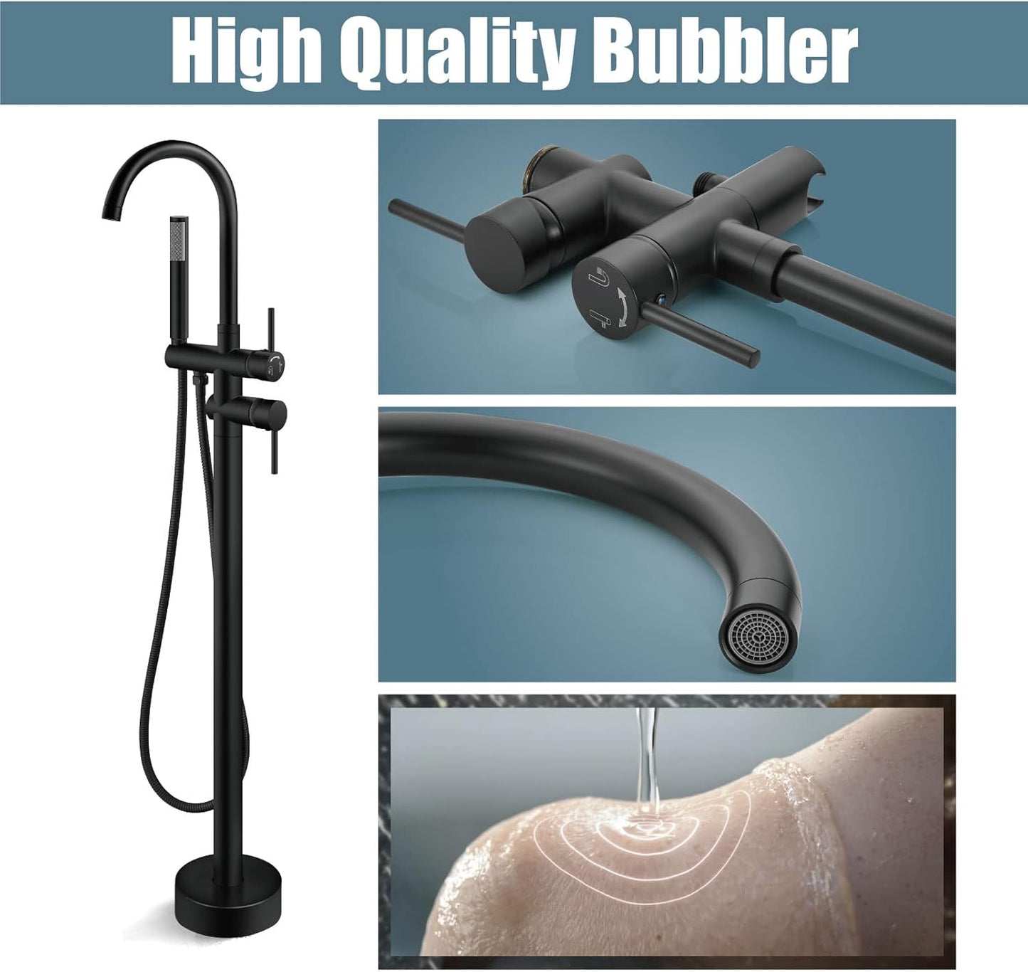 Aolemi Floor Mount Bathtub Faucet Freestanding Tub Filler Standing High Flow Shower Faucets Shower Mixer Taps, Swivel Gooseneck Spout with Cylinder Handheld Matte Black