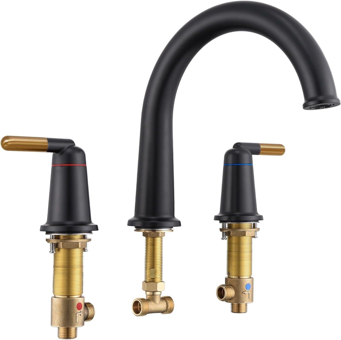 Bathtub Faucet Set 3 Hole, Widespread Deck Mount Tub Faucet with Valve Brass High Flow Tub Filler Garden Bath Tub Faucet Set 2-Handle High Arch Roman Bathtub Faucets Matte Black WT-9807BK