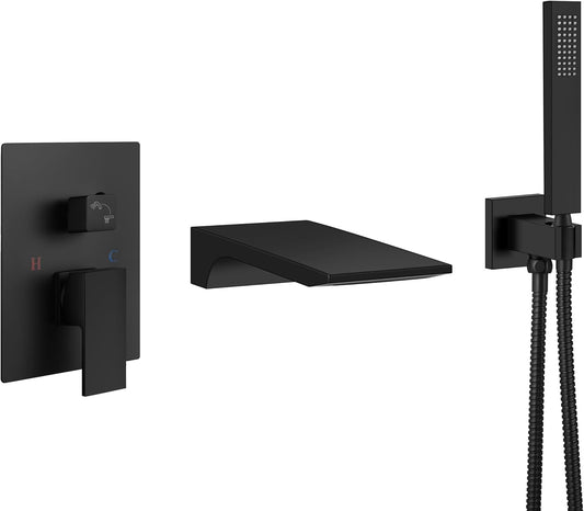 Aolemi Wall Mount Bathtub Faucet,Tub Faucet Set Waterfall Wall Mounted Tub Filler with Handheld Sprayer Single Handle,Matte Black