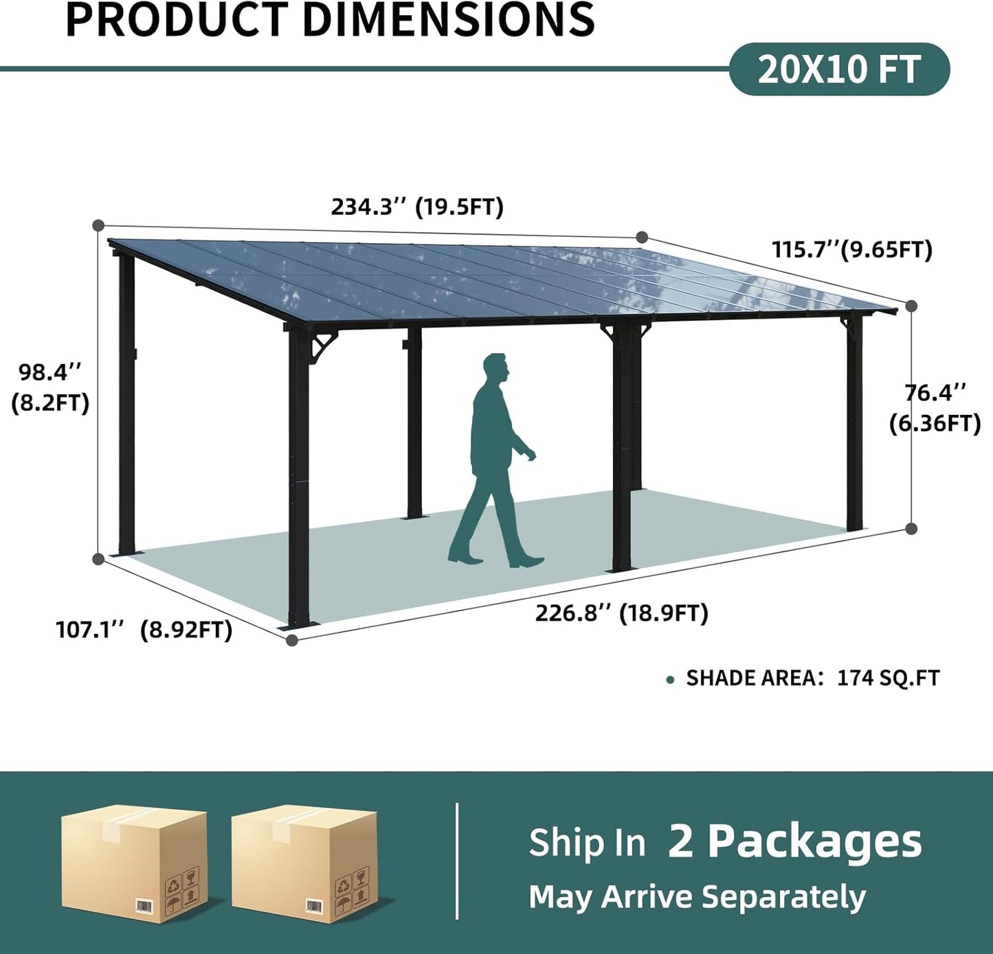 10x20FT Lean to Gazebo, Hardtop Metal Pergola with Polycarbonate Roof, Large Wall Mounted Heavy Duty Awnings, Patio Canopy for Backyard, Deck, Porch