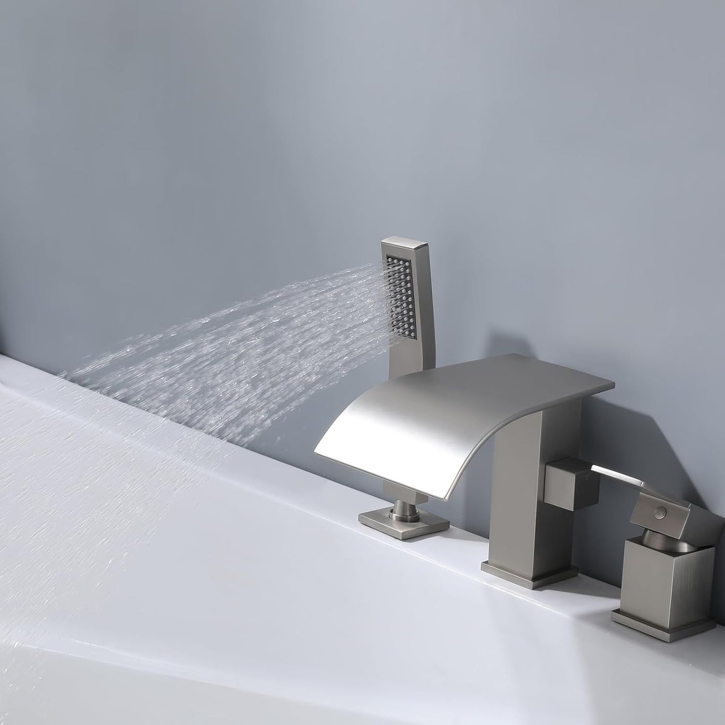Waterfall Roman Tub Faucet with Hand Shower, Deck Mount Tub Filler Bathtub Faucet with Sprayer, Brass Widespread 3 Hole Bathtub Shower Faucet Set Brushed Nickel