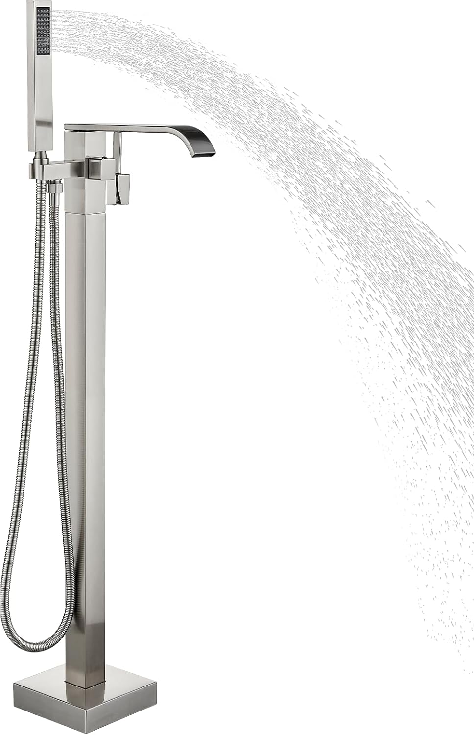 Freestanding Bathtub Faucet Brushed Gold Floor Mount Waterfall Tub Filler High Flow with Hand Shower Solid Brass 360 Degree Swivel Standing Mixer Taps for Bathroom