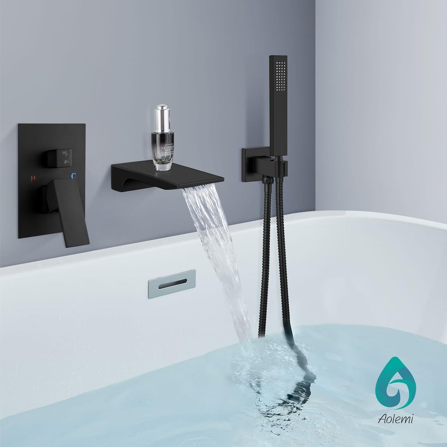 Aolemi Wall Mount Bathtub Faucet,Tub Faucet Set Waterfall Wall Mounted Tub Filler with Handheld Sprayer Single Handle,Matte Black