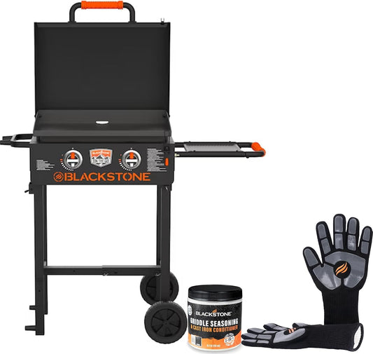 22 inch Blackstone Griddle with Hood and Grill Stand, Outdoor Flat Top Grill Propane Portable Gas Grill for Camping and BBQ Grill with Blackstone Seasoning, and Blackstone Griddle Gloves