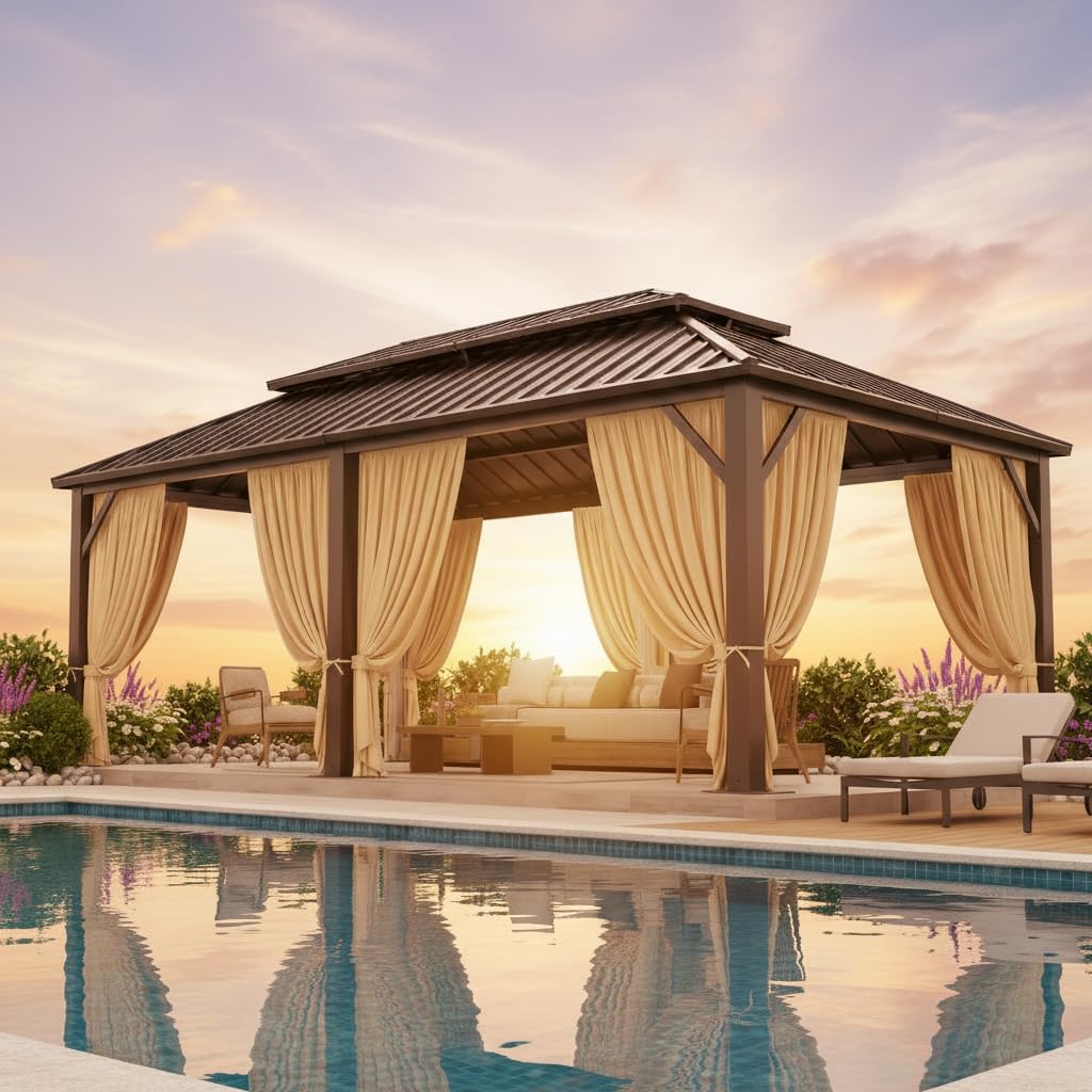 HOTEEL 10x12 Hardtop Gazebo Hot Tub Gazebo with Flame-Retardant Curtain Netting, Heavy Duty Pavilion with Galvanized Steel Double Roof, Aluminum Frame Outdoor Canopy for Patio, Party (2025 Upgraded)