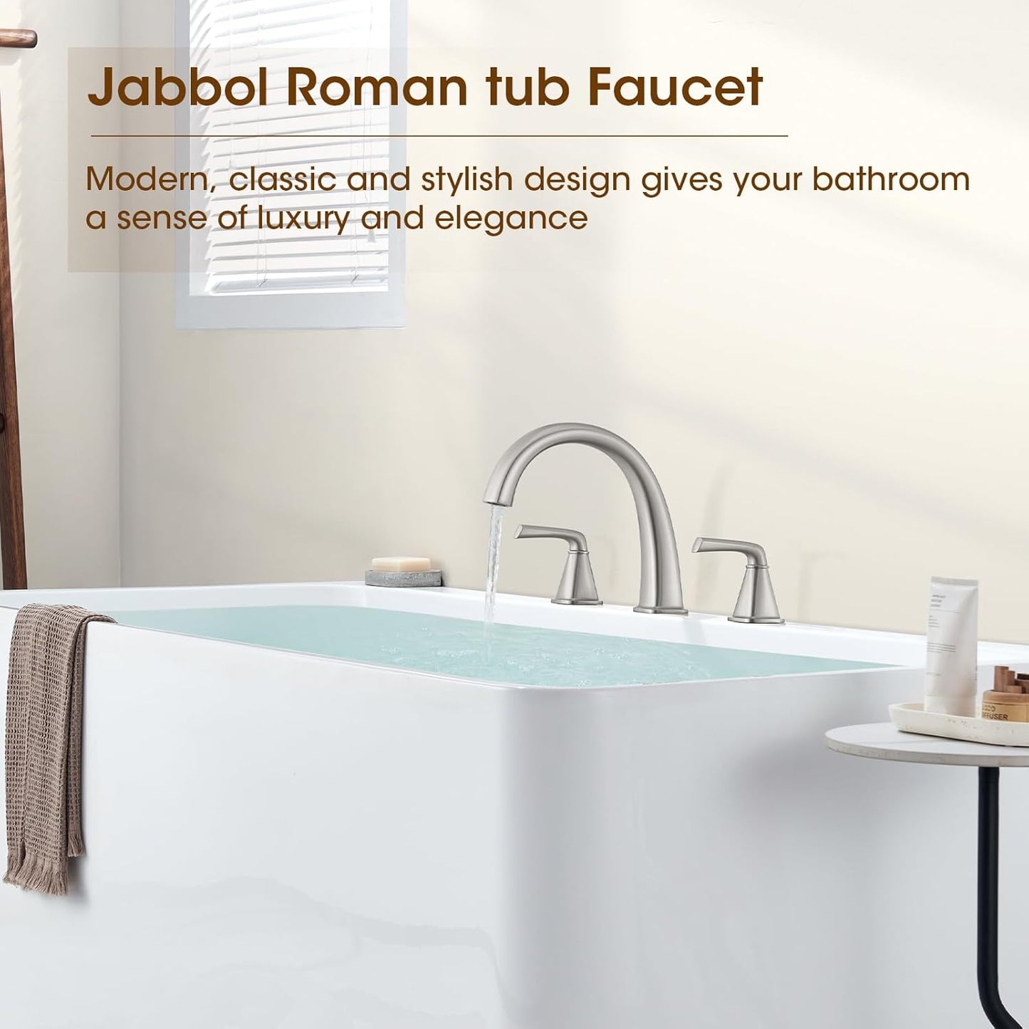 Brushed Nickel Roman Tub Faucet, Solid Brass Bathtub Faucet Set with Valve, 2-Handle Widespread Deck Mount Bathtub Faucets 3 Hole, High Flow Bath Tub Faucet Set with Hot & Cold Supply Lines