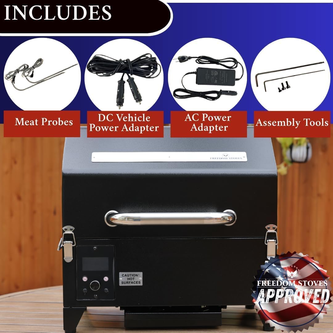 Freedom Stoves Portable Pellet Grill Smoker with Peaked Lid Smoke, Grill, Sear Includes 2 Meat Probes 8.5LB Hopper Capacity & Timer -12vDC / 120AC - BBQ for Camping Tailgating Condos Boating Beach