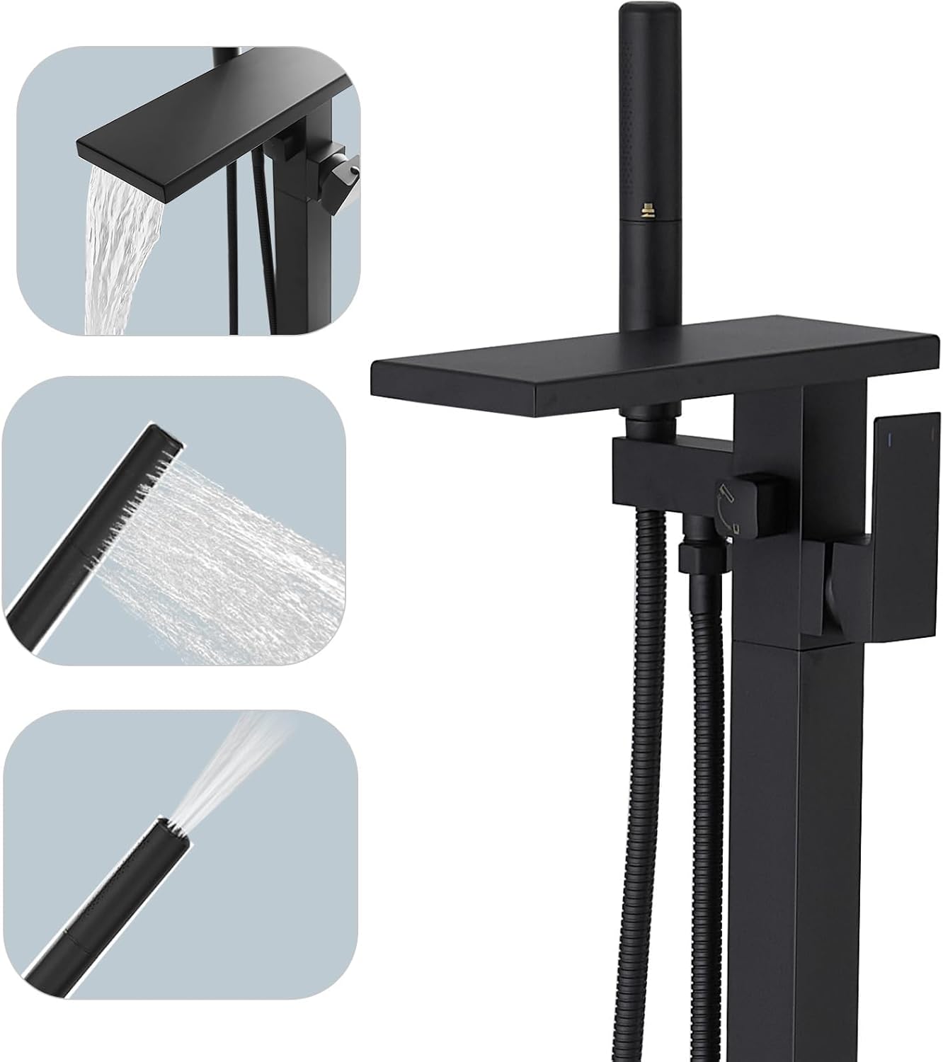 Hoimpro Tub Filler Freestanding Bathtub Faucet Matte Black Floor Mount Tub Faucet Waterfall Free Standing Bathtub Filler High Flow Brass Bath Shower Faucets with Handheld Sprayer
