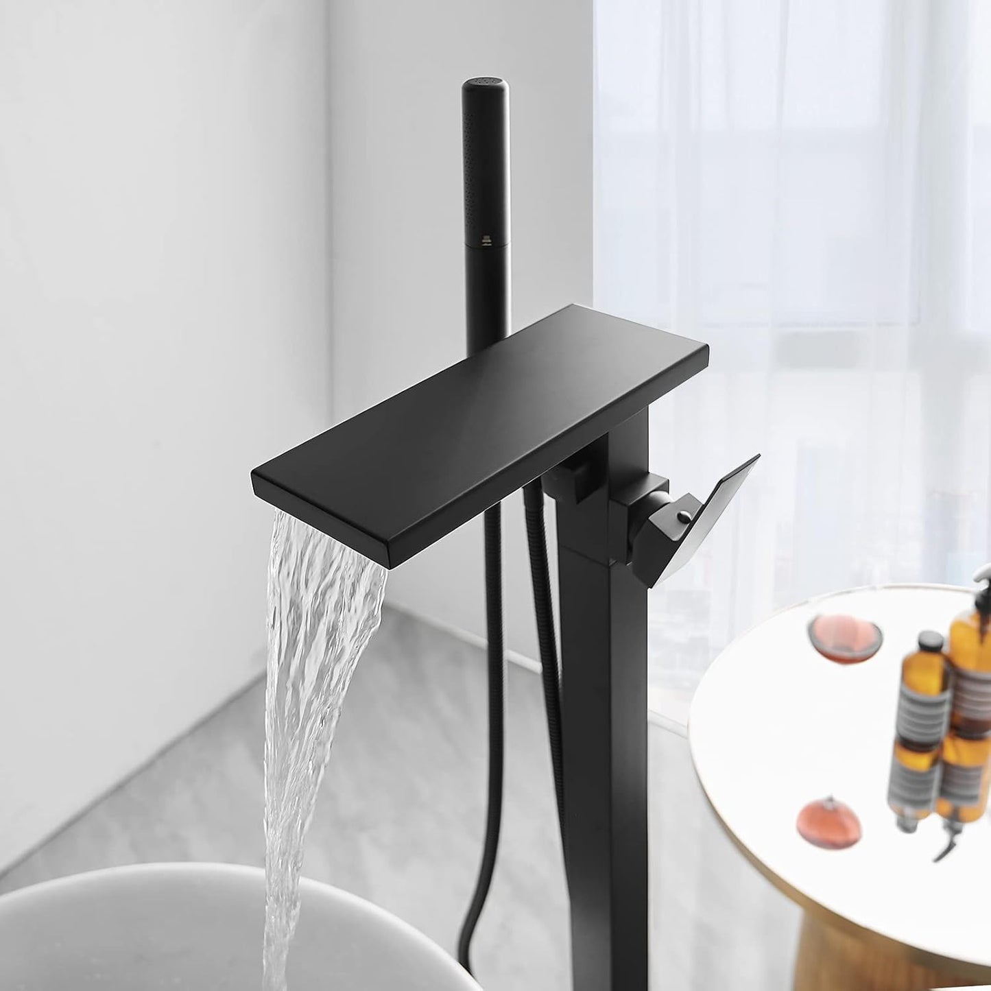 Hoimpro Tub Filler Freestanding Bathtub Faucet Matte Black Floor Mount Tub Faucet Waterfall Free Standing Bathtub Filler High Flow Brass Bath Shower Faucets with Handheld Sprayer