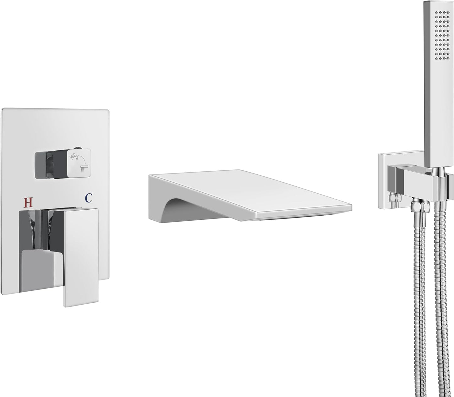 Aolemi Wall Mount Bathtub Faucet,Tub Faucet Set Waterfall Wall Mounted Tub Filler with Handheld Sprayer Single Handle,Matte Black