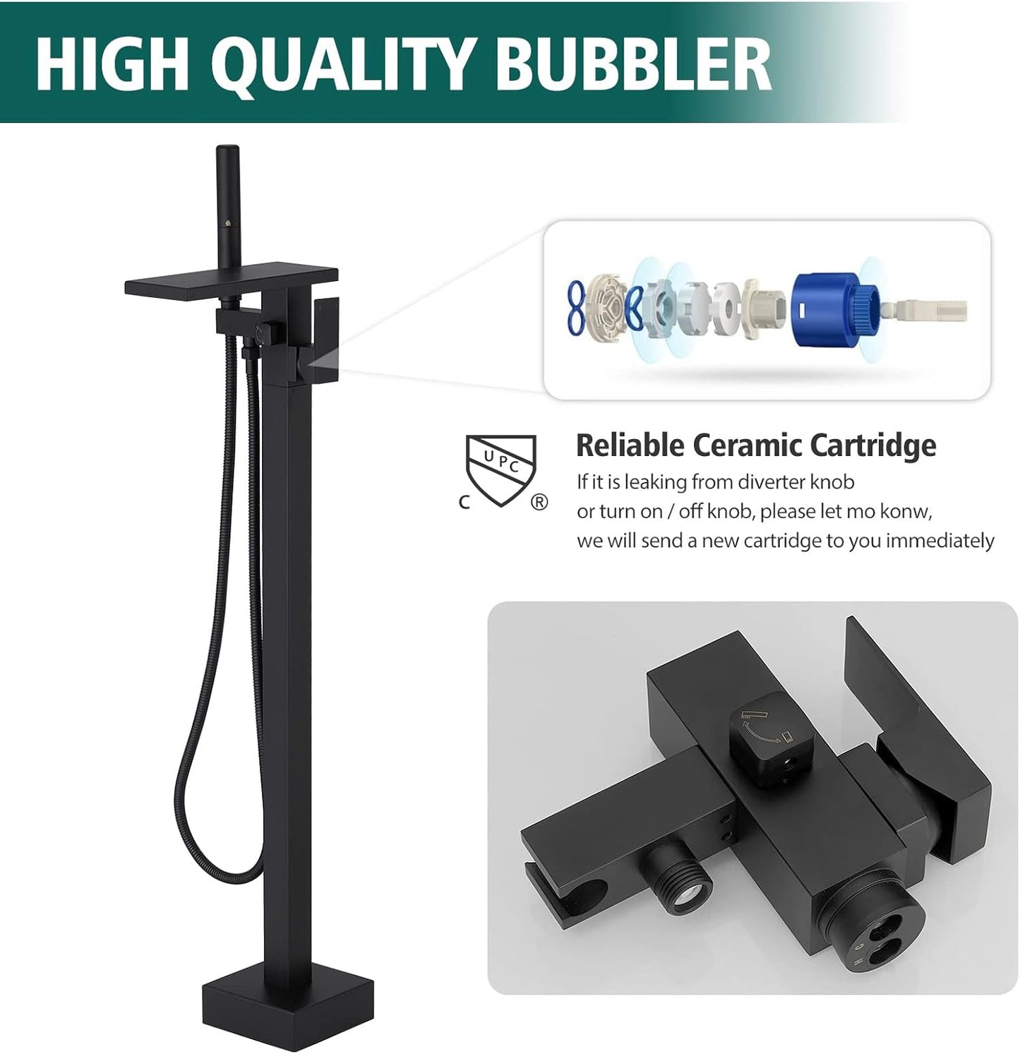 Hoimpro Tub Filler Freestanding Bathtub Faucet Matte Black Floor Mount Tub Faucet Waterfall Free Standing Bathtub Filler High Flow Brass Bath Shower Faucets with Handheld Sprayer