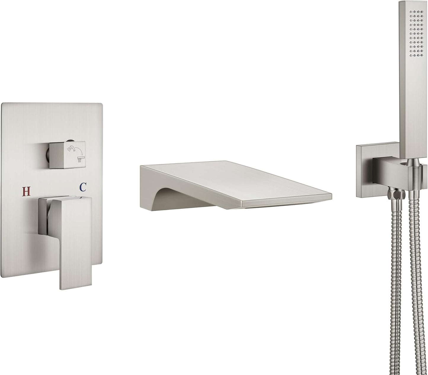 Aolemi Wall Mount Bathtub Faucet,Tub Faucet Set Waterfall Wall Mounted Tub Filler with Handheld Sprayer Single Handle,Matte Black