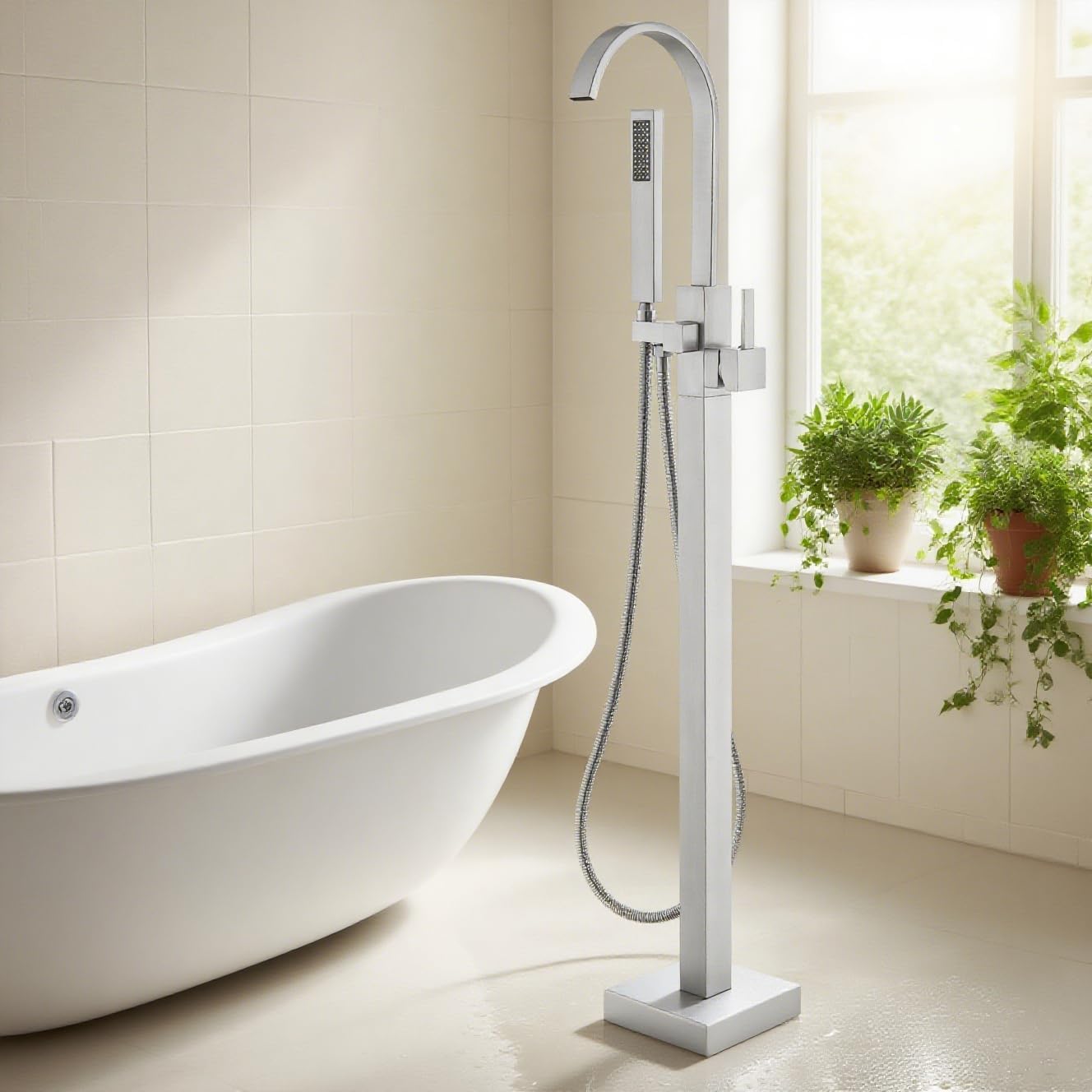 Freestanding Bathtub Faucet Brushed Gold Floor Mount Waterfall Tub Filler High Flow with Hand Shower Solid Brass 360 Degree Swivel Standing Mixer Taps for Bathroom