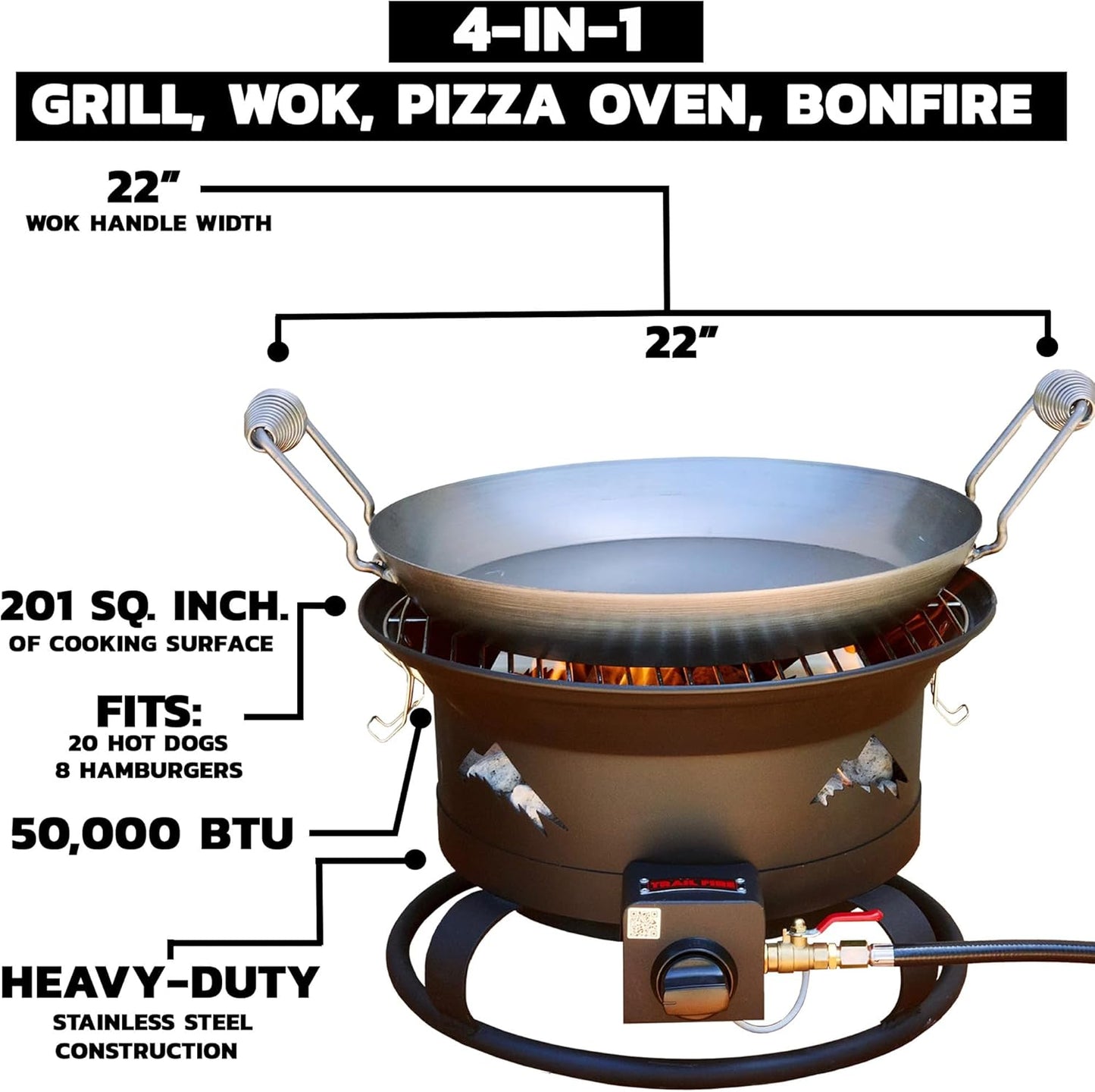 Trail Fire 4-in-1 Grill Portable BBQ with Grill, Wok, Pizza Oven, and portable Fire Pit (Pizza Stone & Carry Bag Included) - 16" Grilling Surface