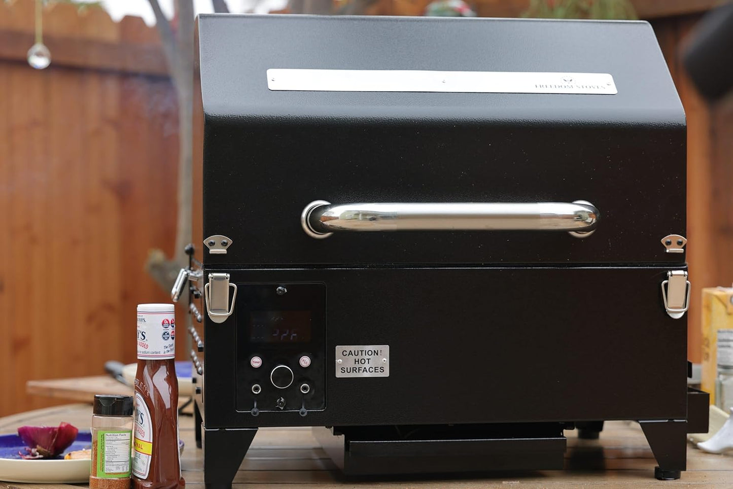 Freedom Stoves Portable Pellet Grill Smoker with Peaked Lid Smoke, Grill, Sear Includes 2 Meat Probes 8.5LB Hopper Capacity & Timer -12vDC / 120AC - BBQ for Camping Tailgating Condos Boating Beach