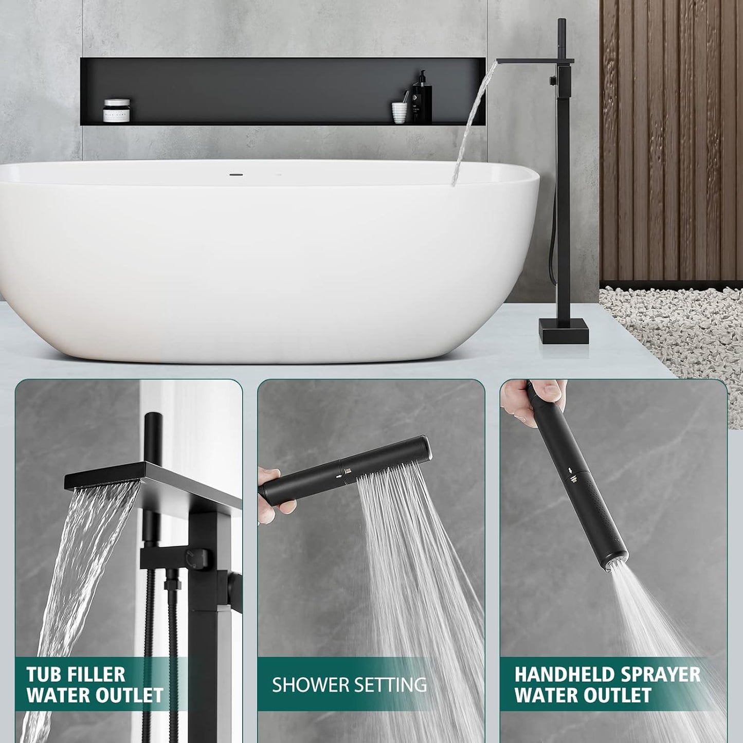 Hoimpro Tub Filler Freestanding Bathtub Faucet Matte Black Floor Mount Tub Faucet Waterfall Free Standing Bathtub Filler High Flow Brass Bath Shower Faucets with Handheld Sprayer