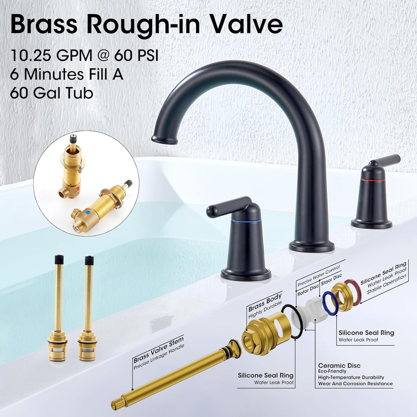 Bathtub Faucet Set 3 Hole, Widespread Deck Mount Tub Faucet with Valve Brass High Flow Tub Filler Garden Bath Tub Faucet Set 2-Handle High Arch Roman Bathtub Faucets Matte Black WT-9807BK