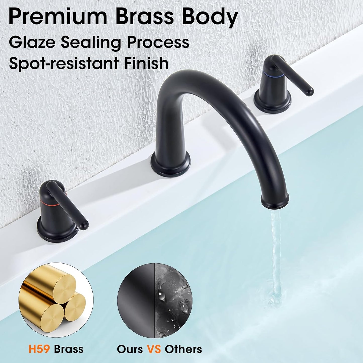 Bathtub Faucet Set 3 Hole, Widespread Deck Mount Tub Faucet with Valve Brass High Flow Tub Filler Garden Bath Tub Faucet Set 2-Handle High Arch Roman Bathtub Faucets Matte Black WT-9807BK