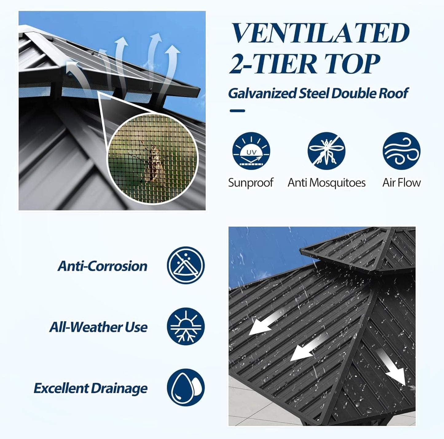 COVERONICS 10' x 12' Outdoor Galvanized Hardtop Gazebo - Aluminum Heavy-Duty Double Roof Vented Gazebo with Breathable Netting & Privacy Curtains for Patio, Porch, Garden, Lawn