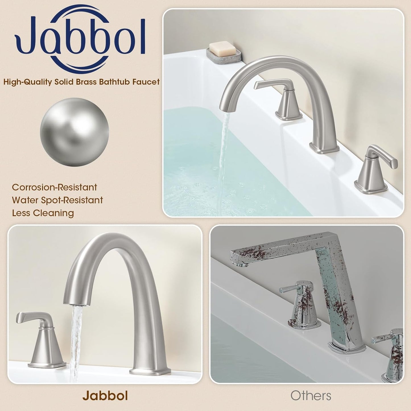 Brushed Nickel Roman Tub Faucet, Solid Brass Bathtub Faucet Set with Valve, 2-Handle Widespread Deck Mount Bathtub Faucets 3 Hole, High Flow Bath Tub Faucet Set with Hot & Cold Supply Lines