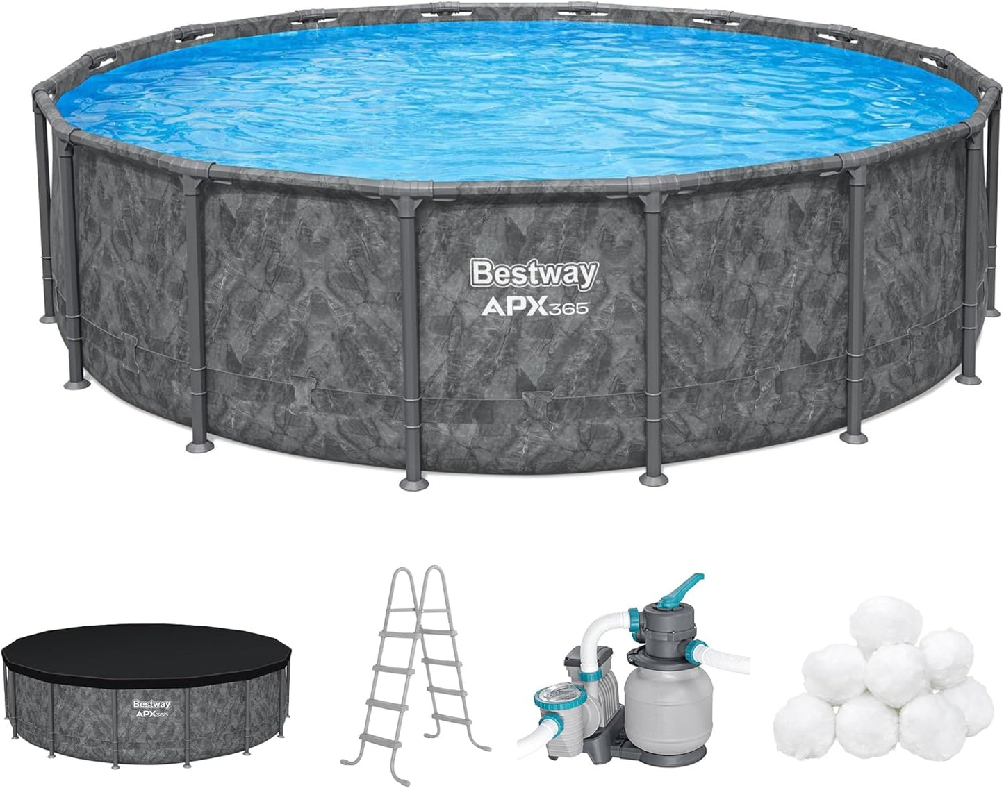 Bestway APX 365 18' x 52" Round Above Ground Swimming Pool Outdoor Backyard Framed Pool Set with Sand Filter Pump, Ladder, and Cover, Dark Marble
