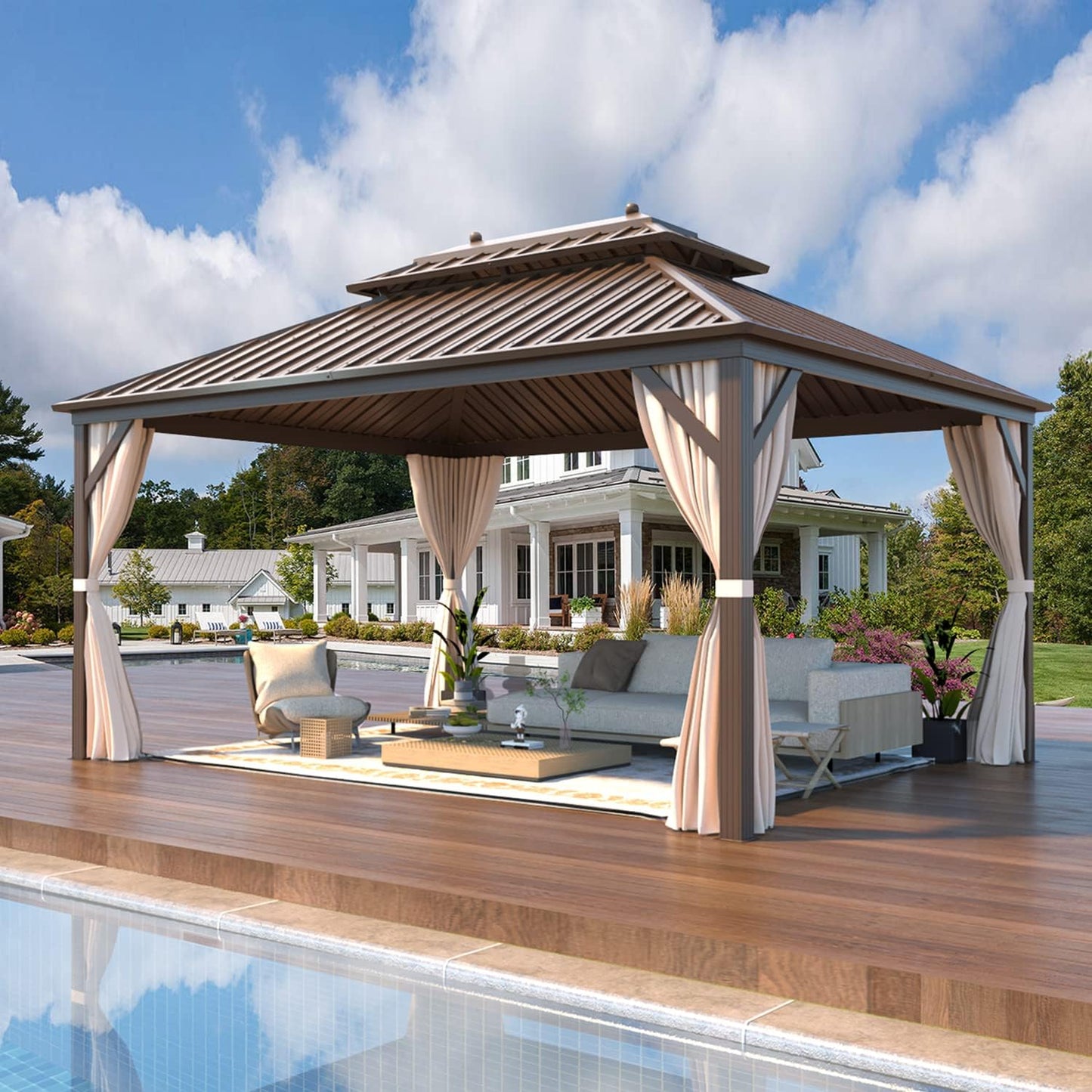 EROMMY 10' x 12' Hardtop Gazebo, Aluminum Frame Gazebos with Galvanized Steel Double Roof, Permanent Outdoor Metal Pavilion with Curtain and Netting for Patio, Lawn, Deck