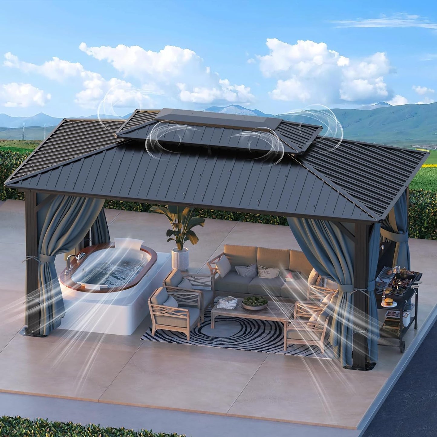 HOTEEL 10x12 Hardtop Gazebo Hot Tub Gazebo with Flame-Retardant Curtain Netting, Heavy Duty Pavilion with Galvanized Steel Double Roof, Aluminum Frame Outdoor Canopy for Patio, Party (2025 Upgraded)