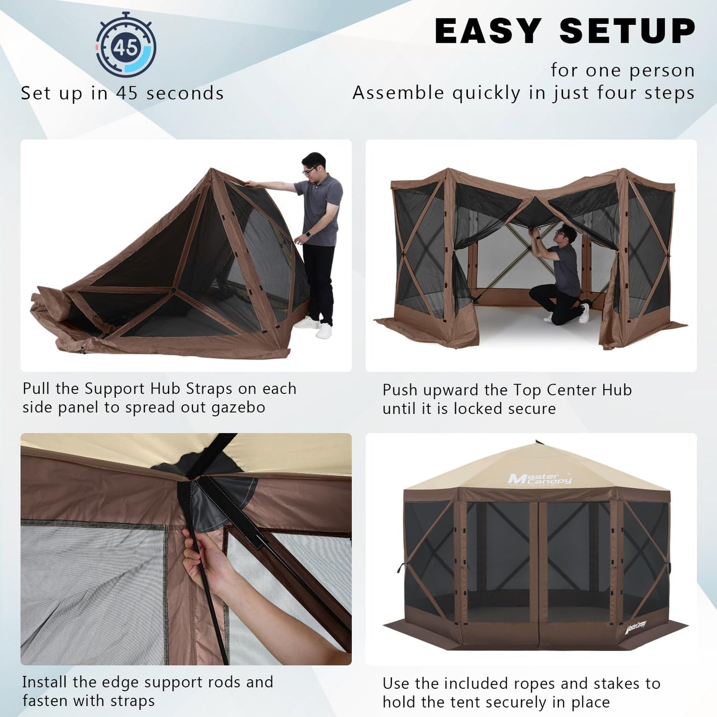MASTERCANOPY 10x10FT Pop Up Gazebo Screen Tent - Instant Screen House with Netting, Quick Set, Outdoor Canopy Shelter with Carry Bag for Camping, Backyard & Patio (Beige&Coffee)