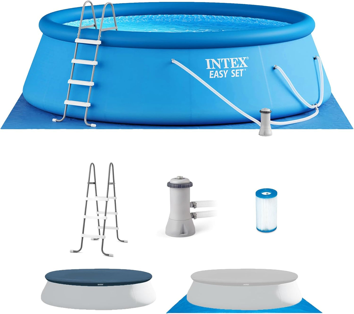 INTEX 26165EH Easy Set Inflatable Swimming Pool Set: 15ft x 42in – Includes 1000 GPH Cartridge Filter Pump – Removable Ladder – Pool Cover – Ground Cloth