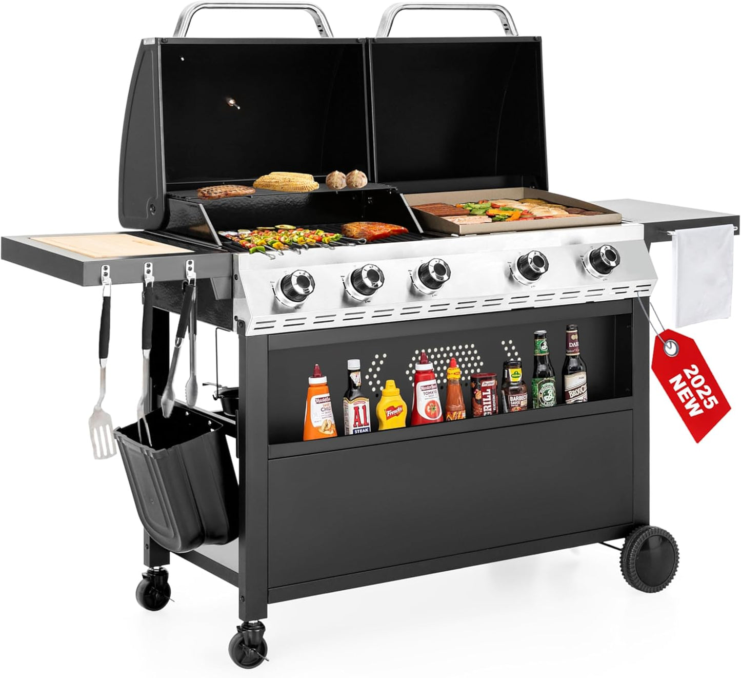 2 in 1 Propane Gas BBQ Grill with Side Burner & Porcelain-Enameled Cast Iron Grate, 4-Burner Flat Top Griddle, 46,700 BTU Outdoor Barbecue Propane Griddle Grill Combo for Camping, Patio, Backyard