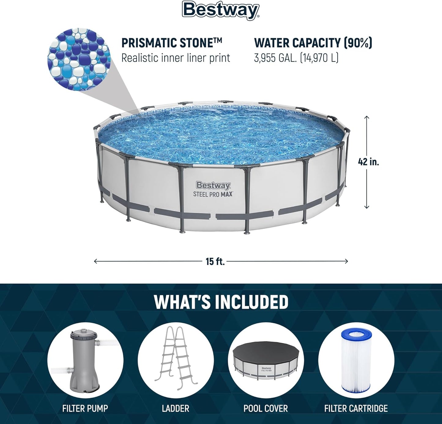 Bestway Steel Pro MAX 15" x 42" Round Above Ground Swimming Pool Set Outdooor Metal Frame Family Pool with Filter Pump, Ladder, and Cover
