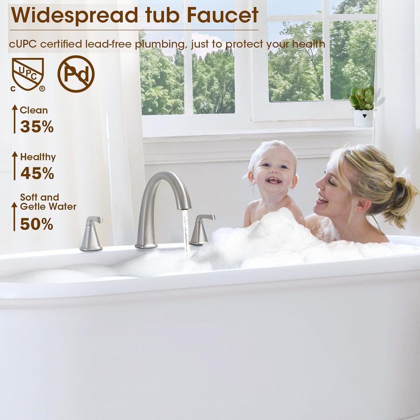 Brushed Nickel Roman Tub Faucet, Solid Brass Bathtub Faucet Set with Valve, 2-Handle Widespread Deck Mount Bathtub Faucets 3 Hole, High Flow Bath Tub Faucet Set with Hot & Cold Supply Lines